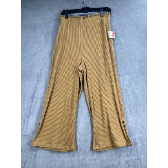 Free People Movement Size Small Brown Ribbed Strechy Splice Ankle Cropped Pants - Picture 1 of 10